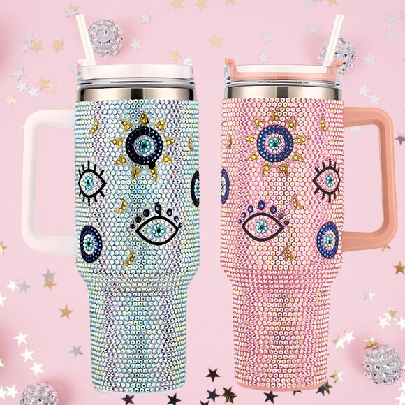 NEW Evil Eye Pink or Blue 40oz Stainless Steel Rhinestone Tumbler Straw Lid SET - Picture 1 of 7